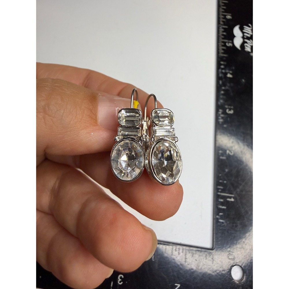 Silver Tone Crystal Tiered Drop Earrings Oval Baguette Lever Back Formal Jewelry